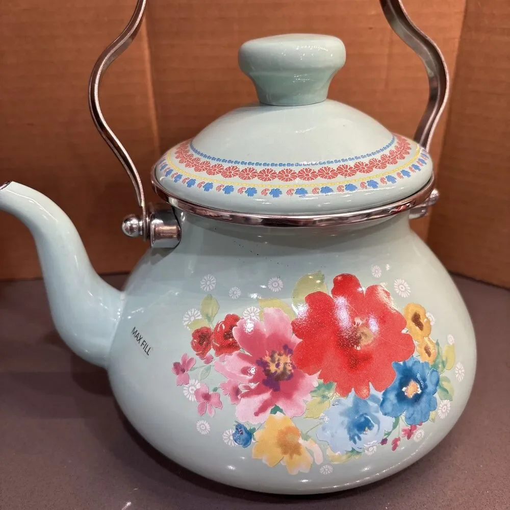Teapot Pioneer Woman Breezy Blossom Enamel Steel 1.9 Qt Stovetop Tea Kettle - Picture 10 of 16